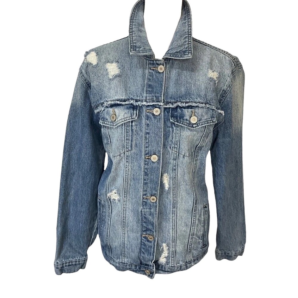 KanCan Women Blue Jean Jacket Sz S Distress Raw Edge Stretch Denim Trucker T